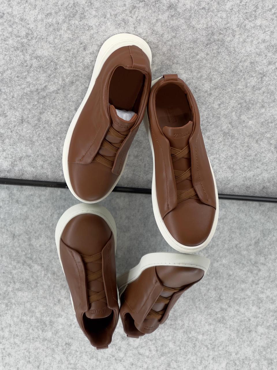 ZEGNA Triple Stitch™ Tan Leather Sneakers