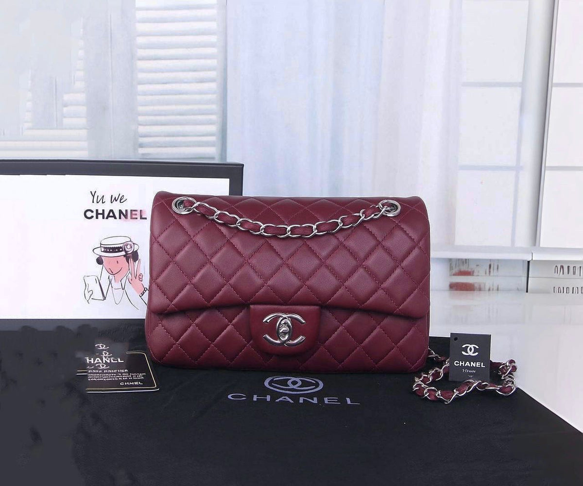 Chanel Classic Double Flap Bag (Burgundy Lambskin with Silver Hardware)
