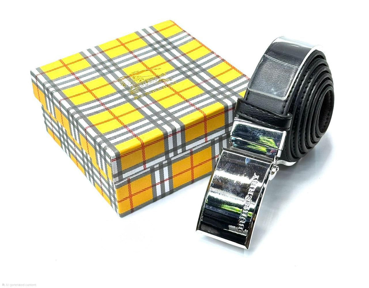 Burberry Plaque Buckle Leather Belt (Black/Silver)