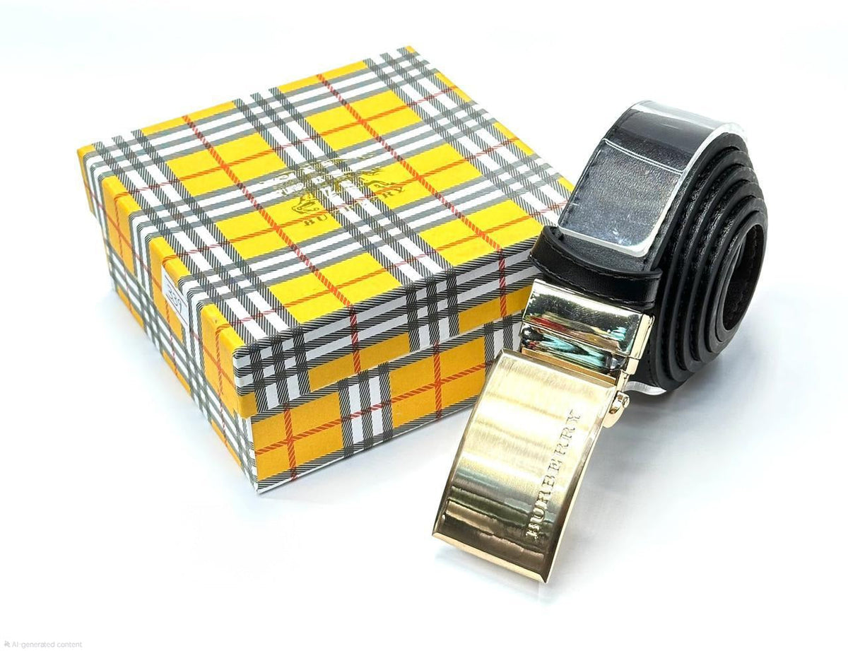 Burberry Plaque Buckle Leather Belt (Black/Gold)