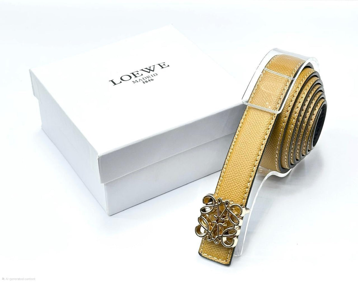 Loewe Anagram Buckle Textured Leather Belt (Ochre/Gold)