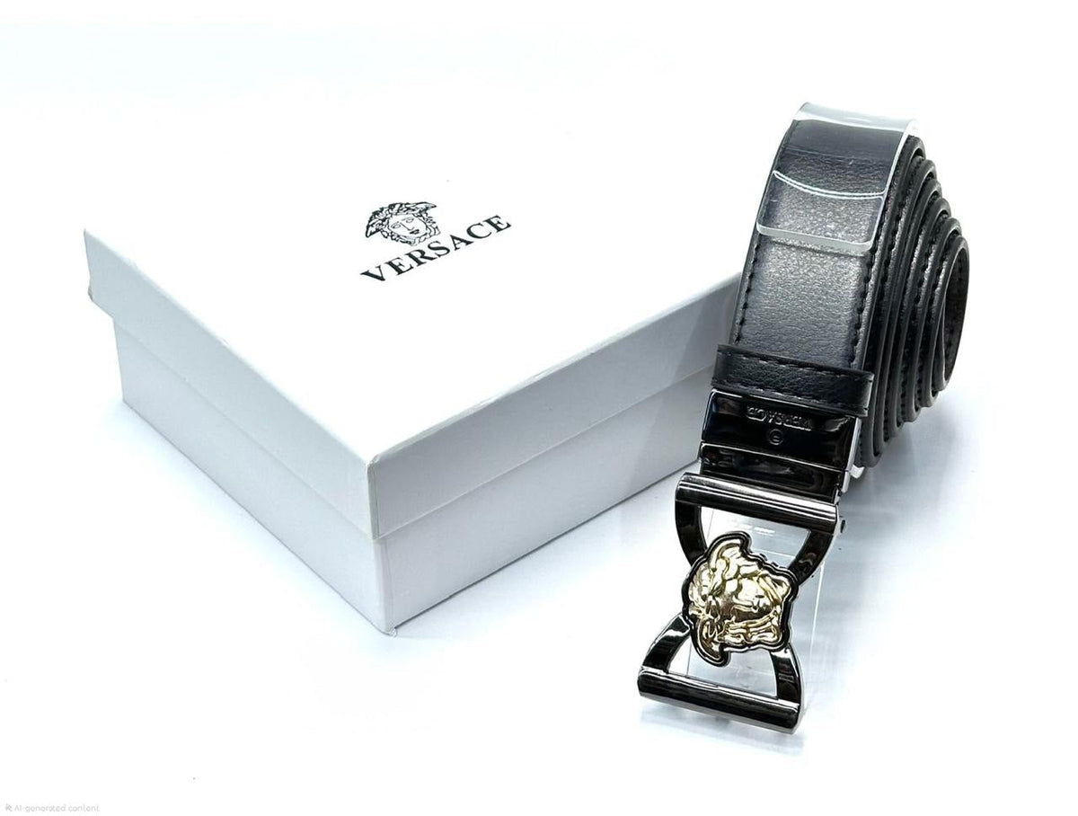 Versace Medusa Buckle Smooth Leather Belt (Black/Ruthenium/Gold)