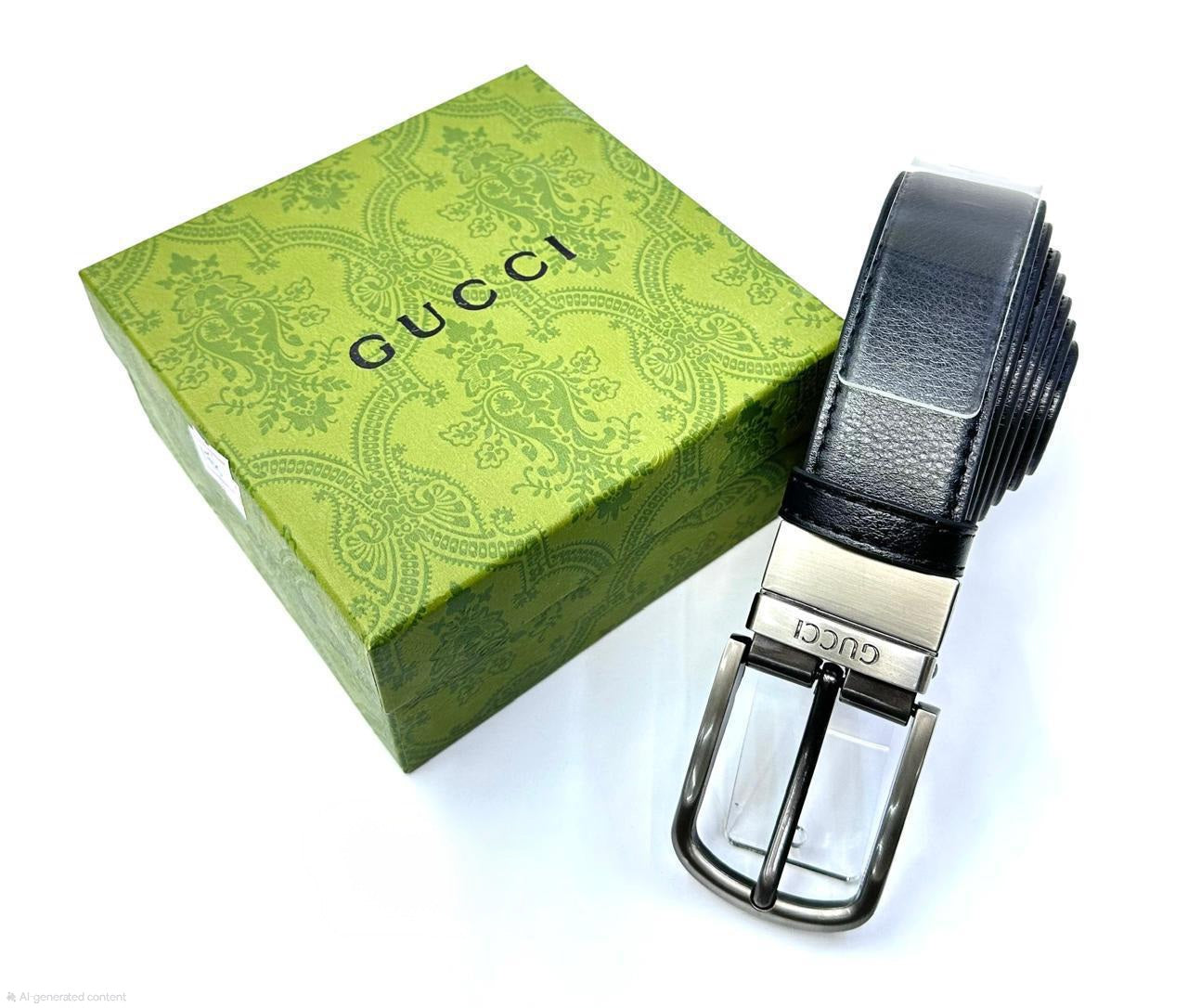Gucci Square Buckle Belt (Black textured Leather with Brushed Silver Hardware)