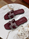 Hermès Oran Sandal (Burgundy with Silver Crystal Embellishments)