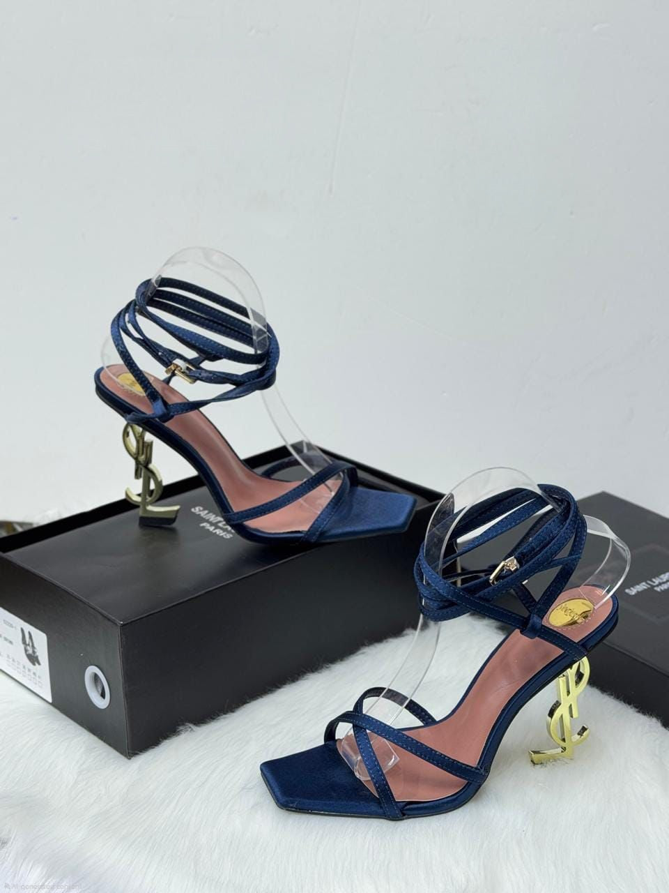 Saint Laurent Opyum Sandals (Navy Blue Satin)