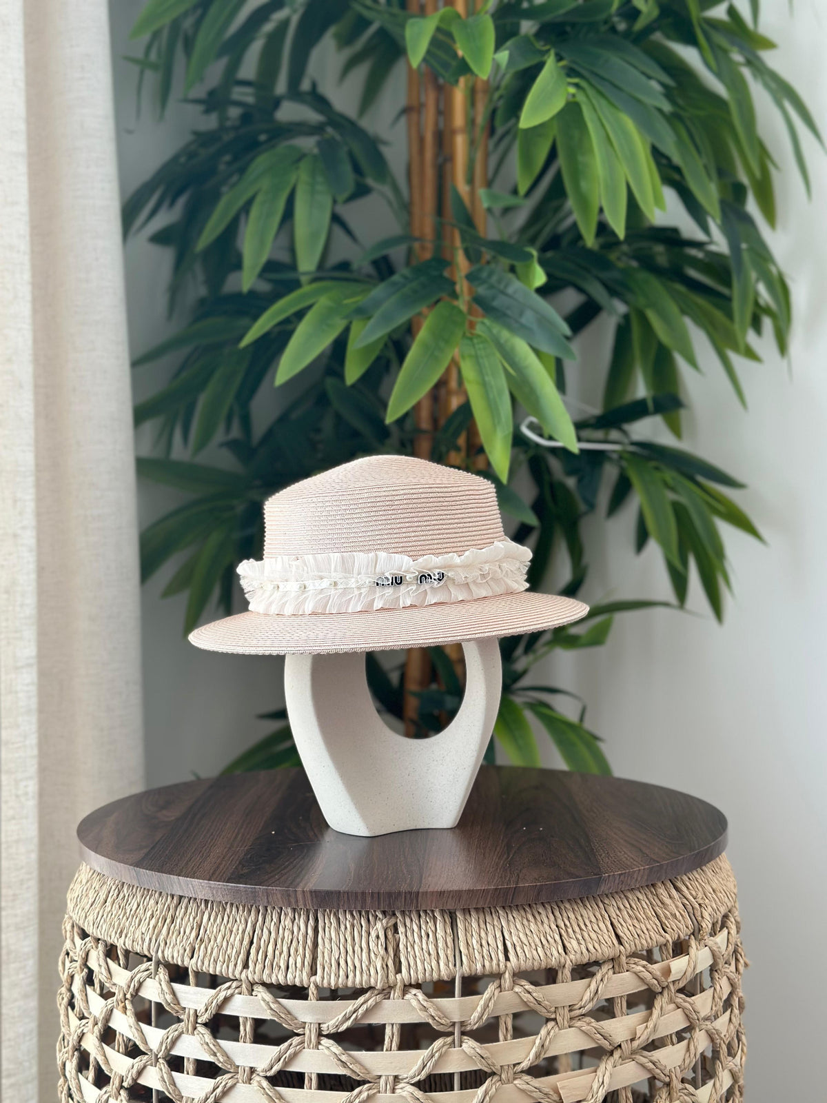 Miu Miu Ruffled Trim Straw Boater Hat (Light Pink)