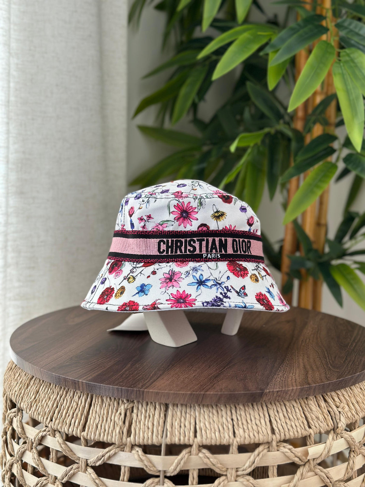 Dior D-Bobby Flortura Bucket Hat (White Multicolor Floral / Pink Band)