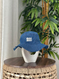 Miu Miu Wide-Brim Drill Bucket Hat (Blue)