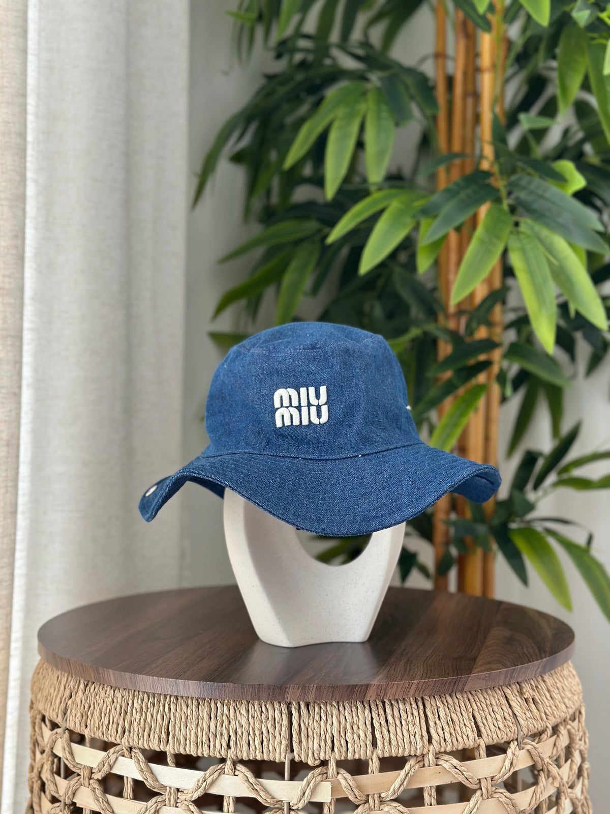 Miu Miu Wide-Brim Drill Bucket Hat (Blue)