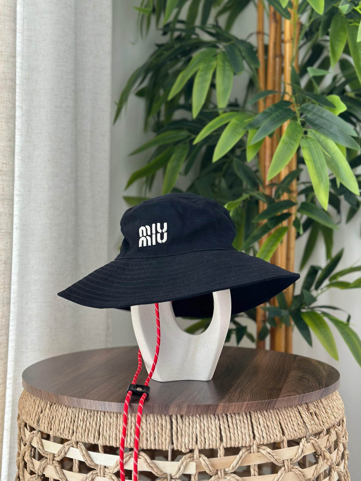 Miu Miu Wide-Brim Drill Bucket Hat with Rope Strap (Black)
