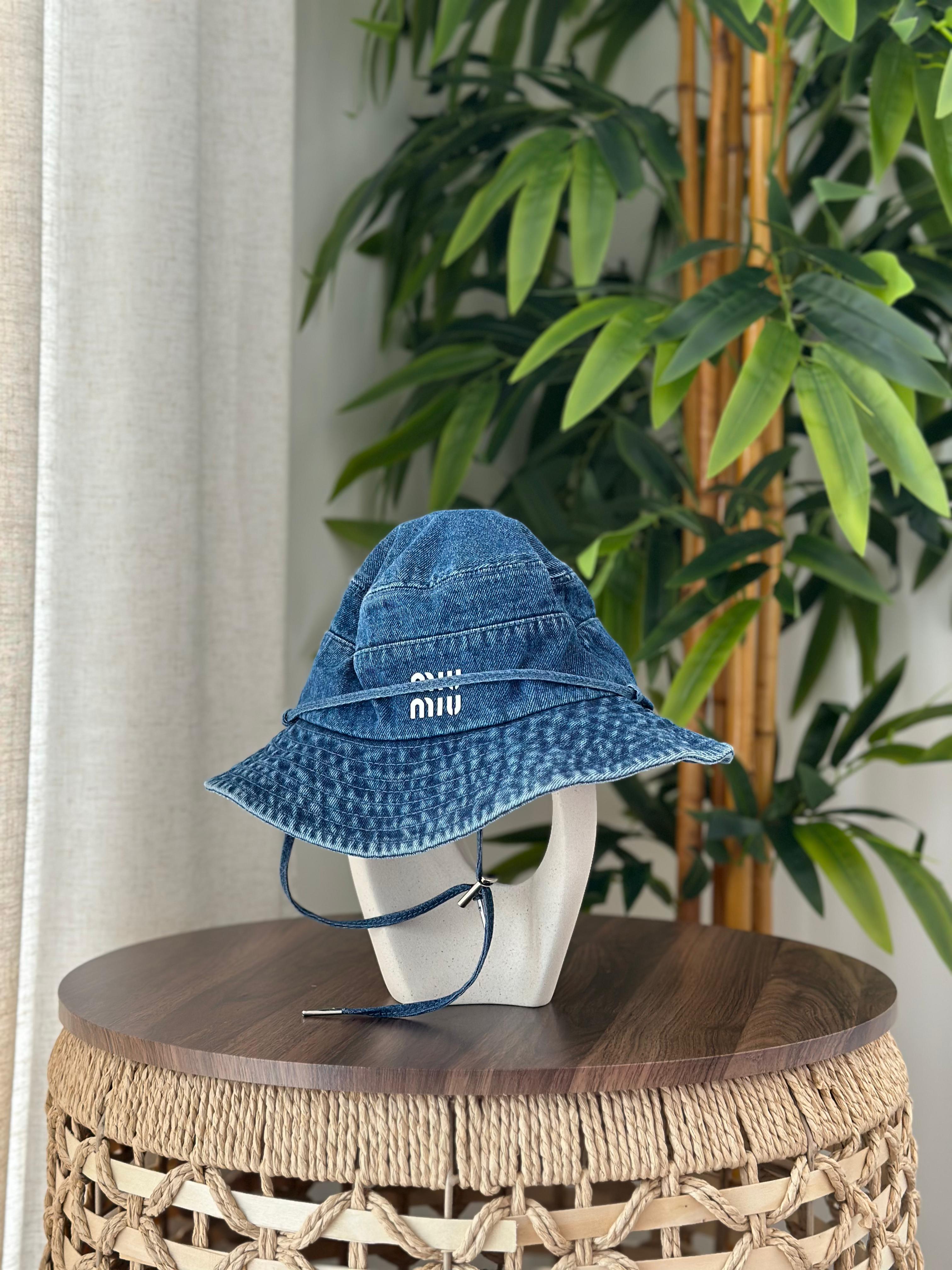 Miu Miu Denim Bucket Hat with Chin Strap (Blue)