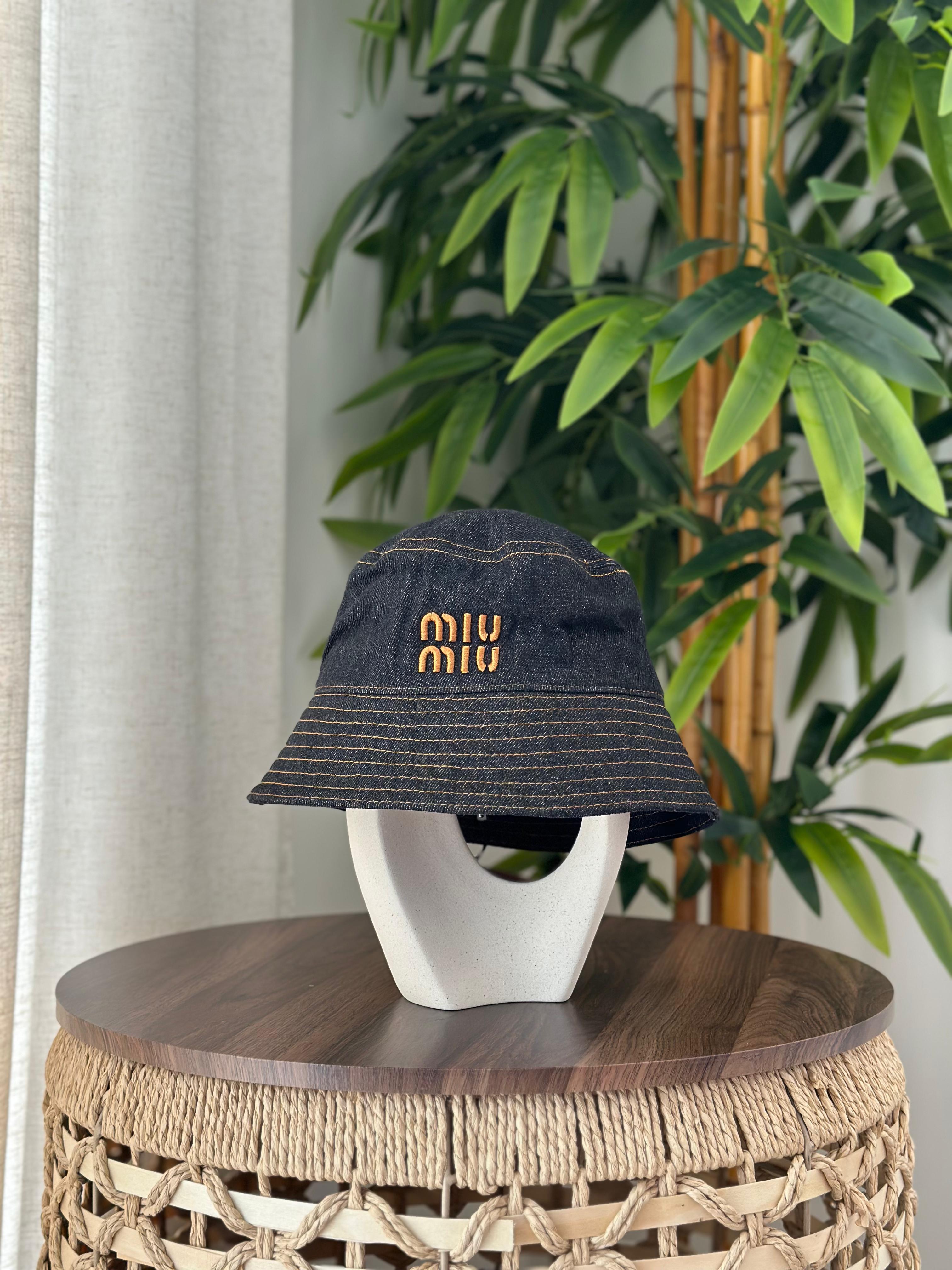 Miu Miu Denim Bucket Hat (Dark Blue/Gold Stitch)