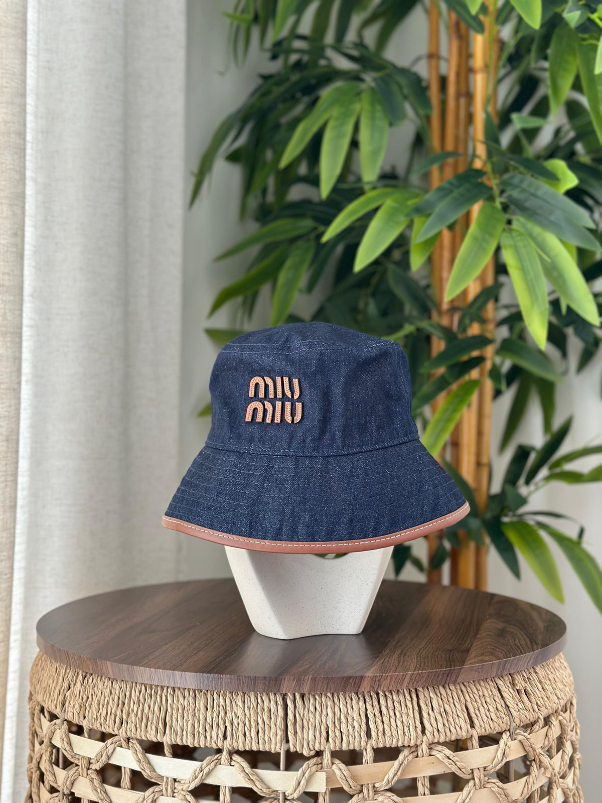 Miu Miu Denim Bucket Hat (Navy Blue/Brown)