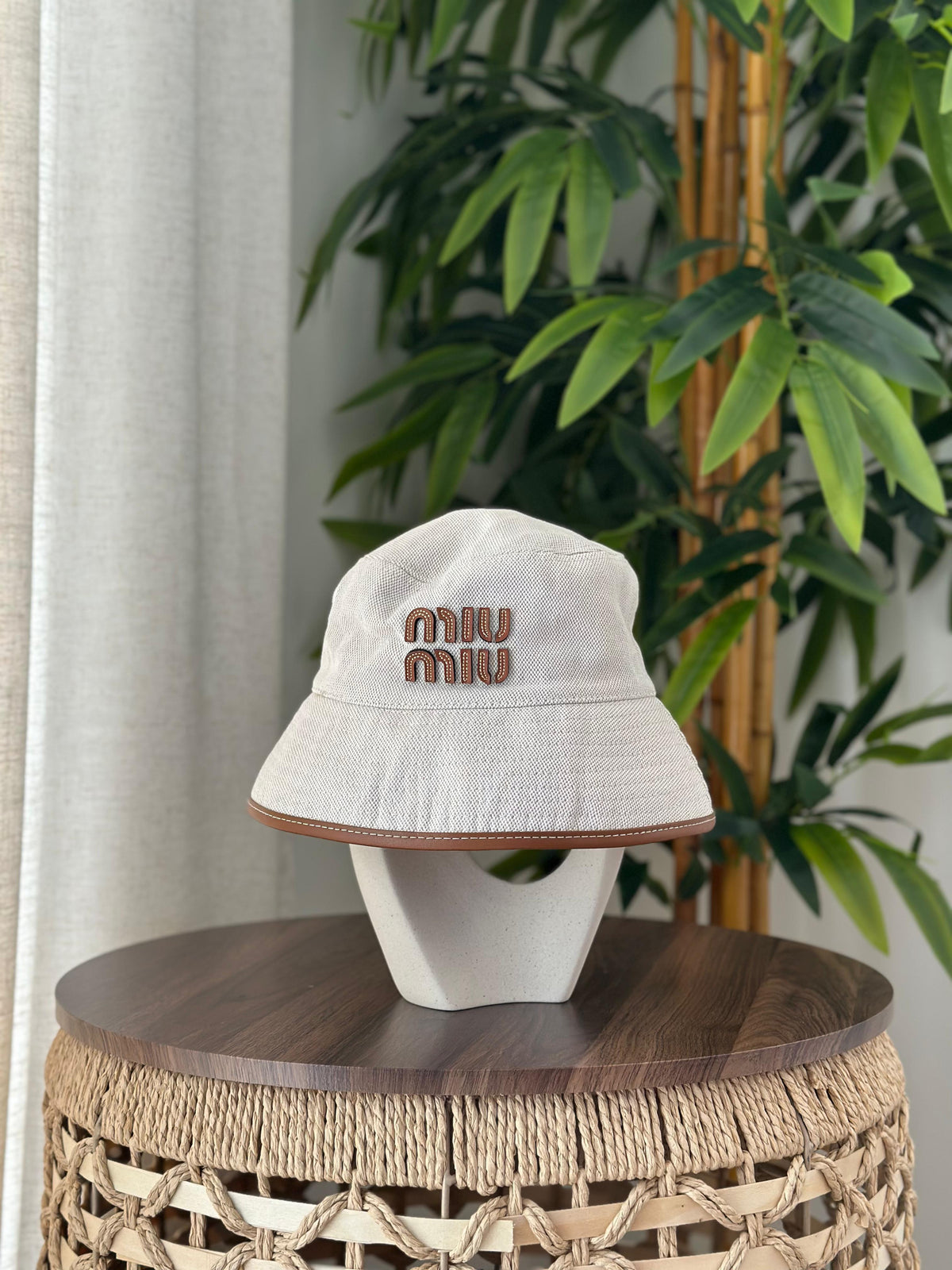 Miu Miu Tech Fabric Bucket Hat (White/Brown)