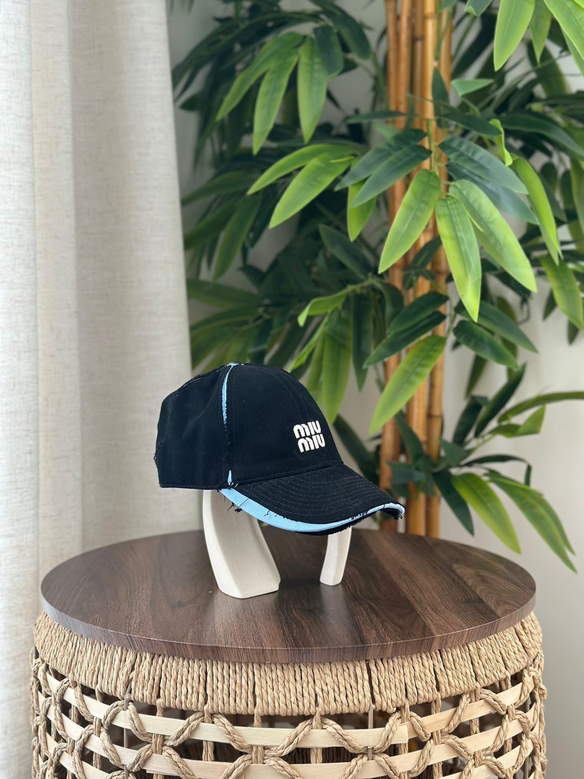 Miu Miu Distressed Denim Baseball Cap (Black/Light Blue)