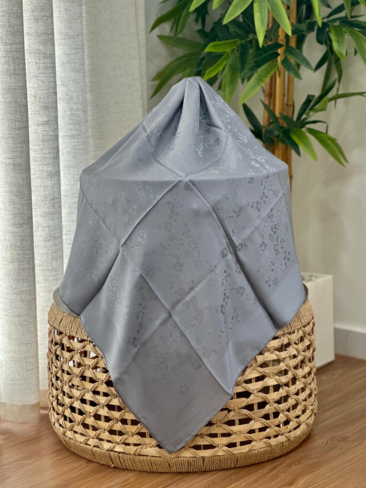 Chanel Camellia Jacquard Silk Scarf (Steel Grey)
