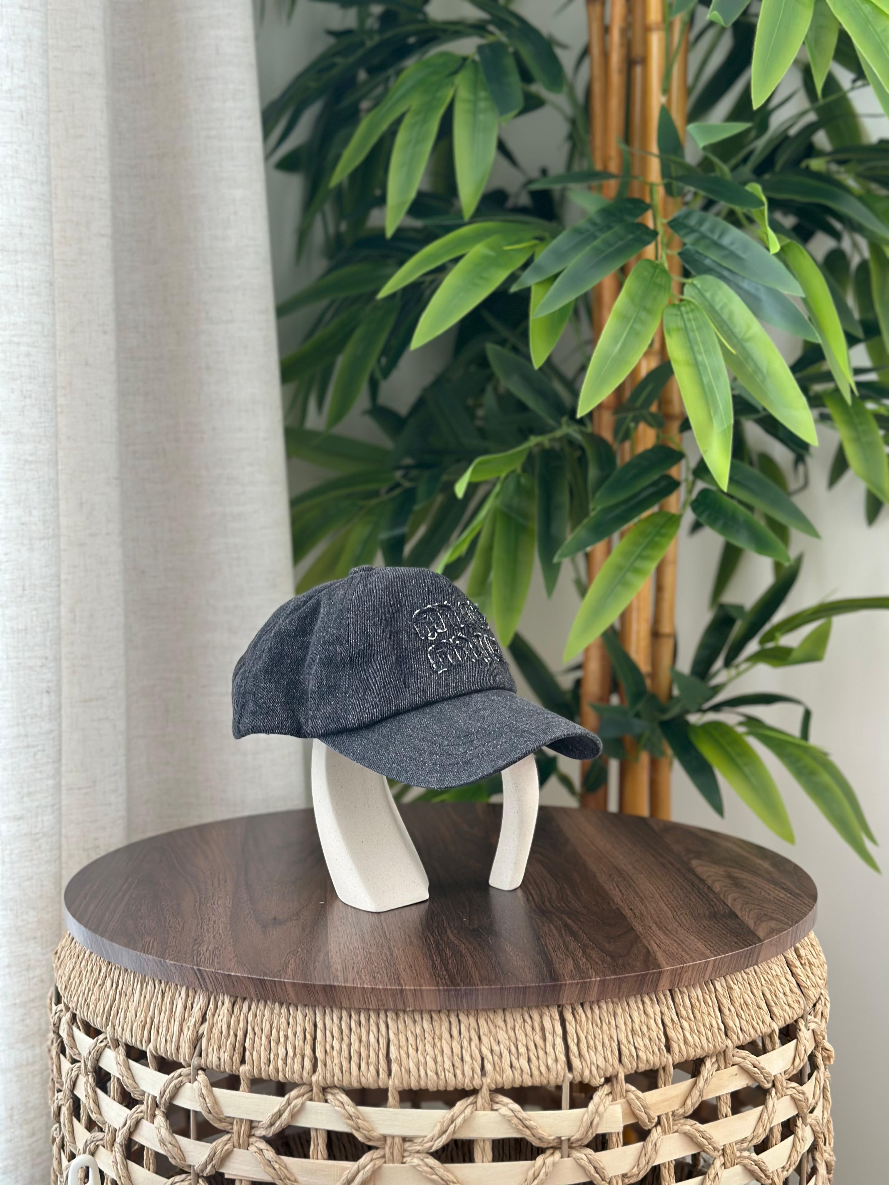 Miu Miu Corduroy Rhinestone Logo Baseball Cap (Charcoal Grey)