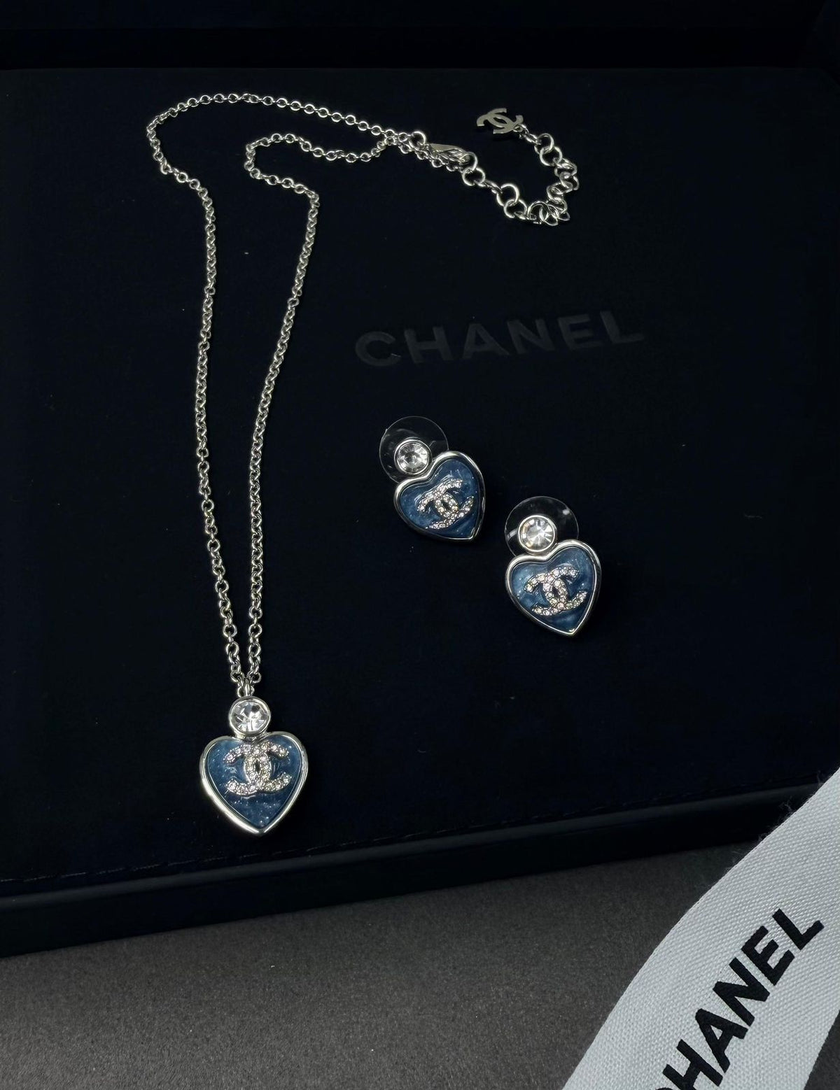 Chanel Heart Necklace and Earring Set (Blue/Silver)