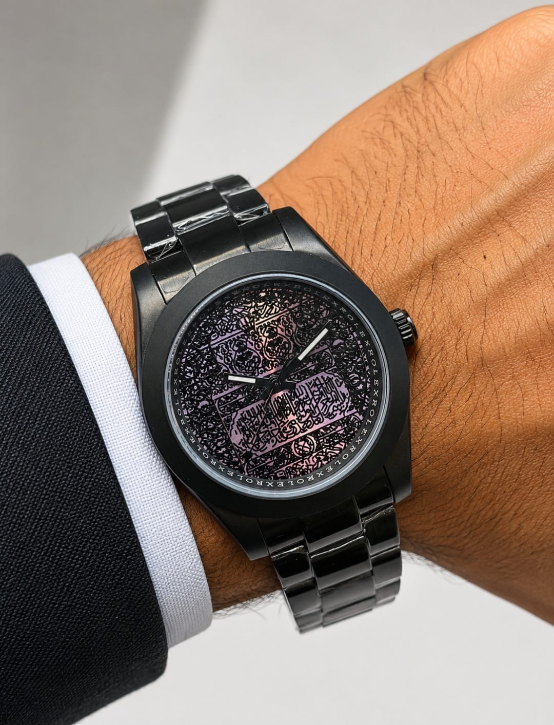 Custom Rolex Oyster Perpetual "Mecca / Kaaba Door" Edition (Matte Black / Iridescent Purple Calligraphy Dial)
