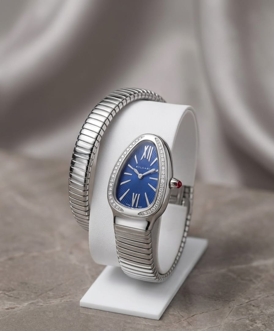 Bulgari Serpenti Tubogas (Steel / Blue Dial / Diamonds)