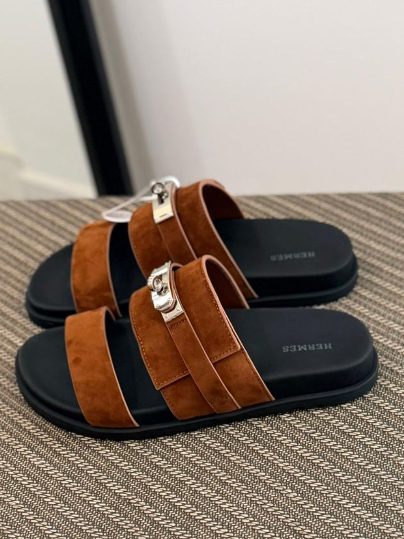 Hermès Empire Sandal (Gold / Tabac-Camel Suede)