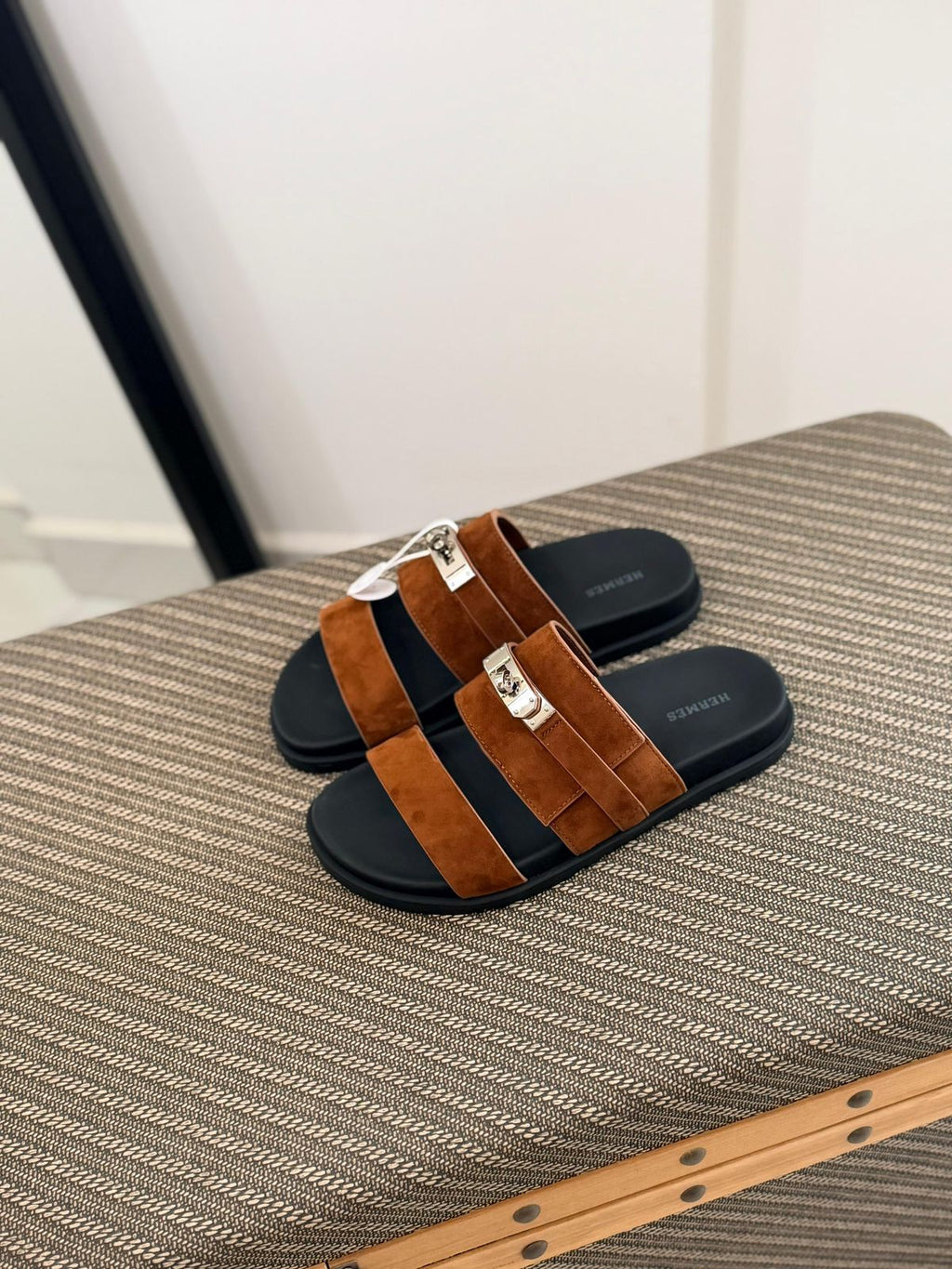 Hermès Empire Sandal (Gold / Tabac-Camel Suede)