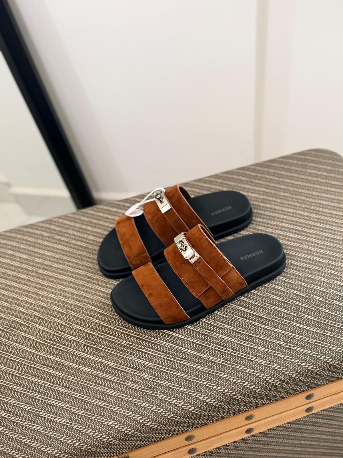 Hermès Empire Sandal (Gold / Tabac-Camel Suede)