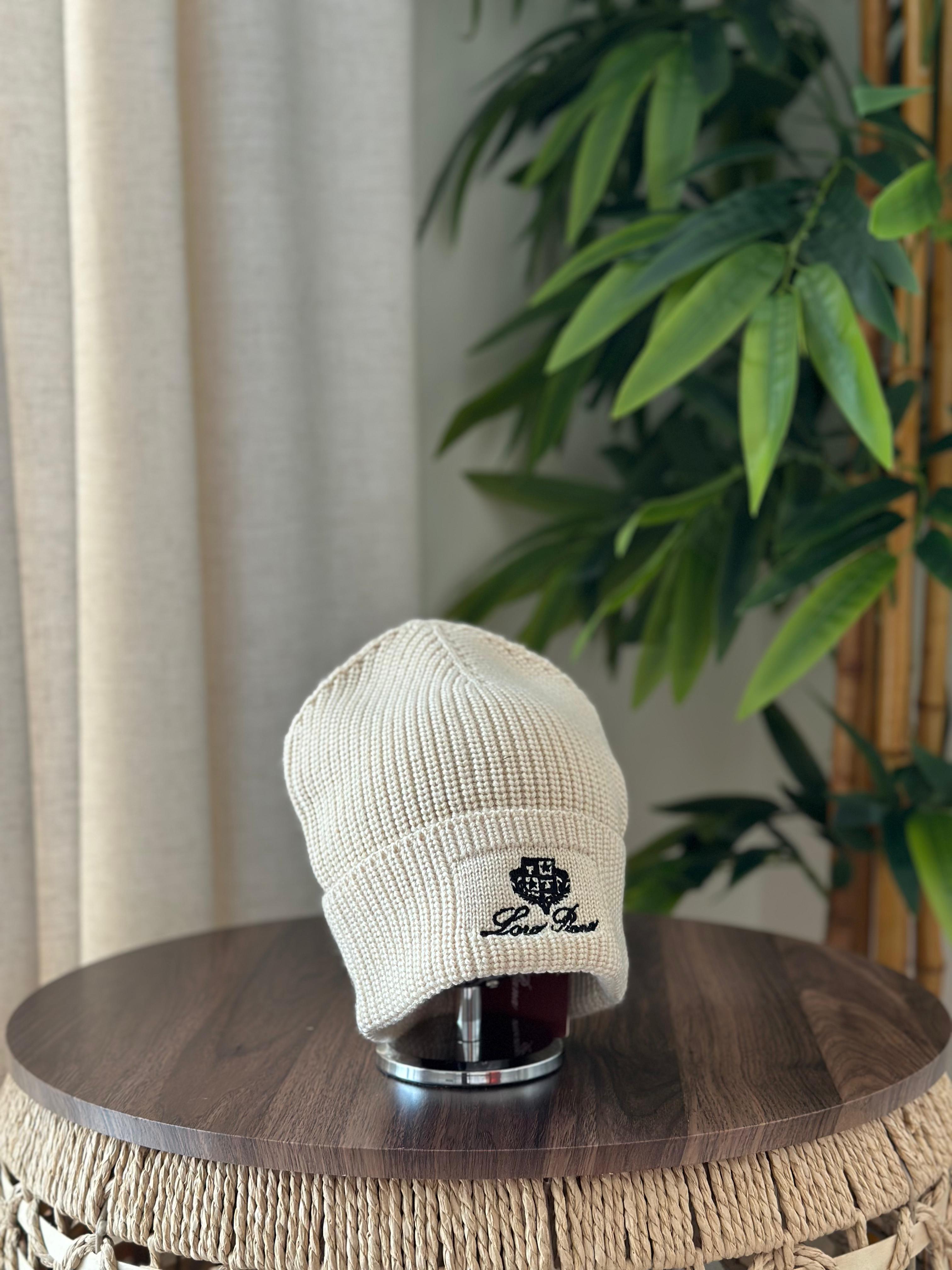Loro Piana Rib-Knit Cashmere Beanie (Off-White/Black Embroidery)