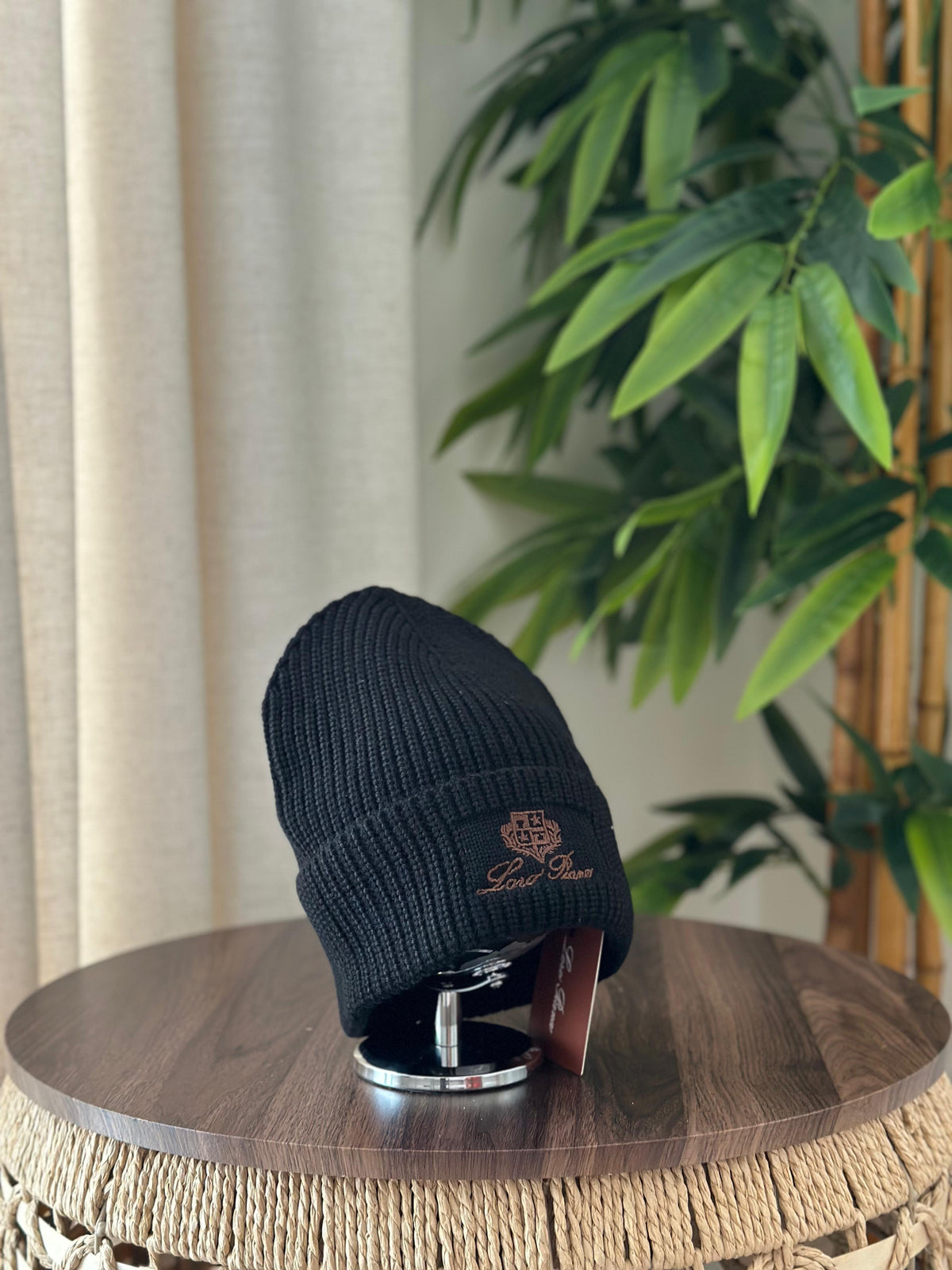 Loro Piana Rib-Knit Cashmere Beanie (Black/Brown Embroidery)
