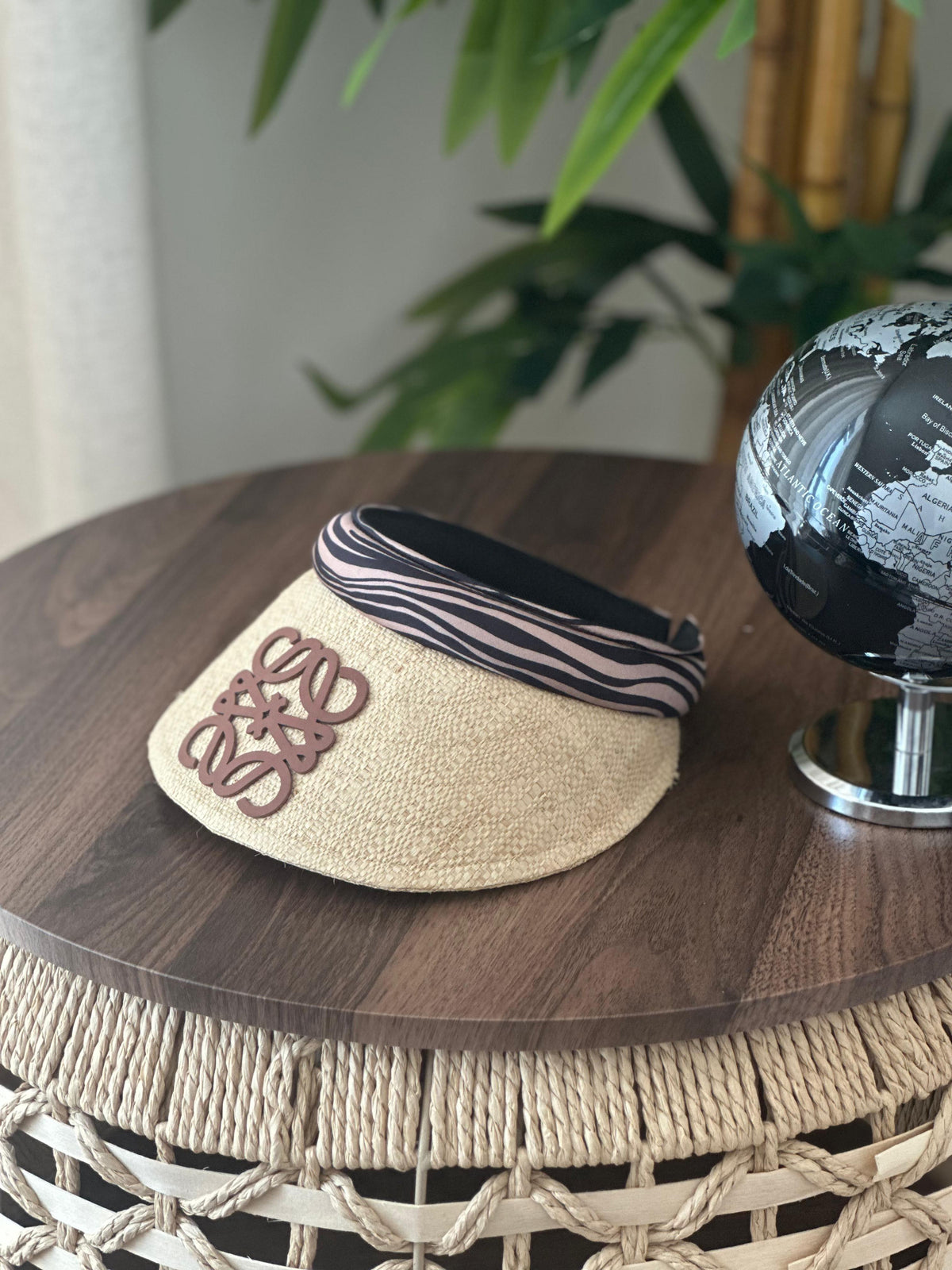 Loewe Anagram Raffia Visor (Natural / Soft Pink & Black Zebra Print)
