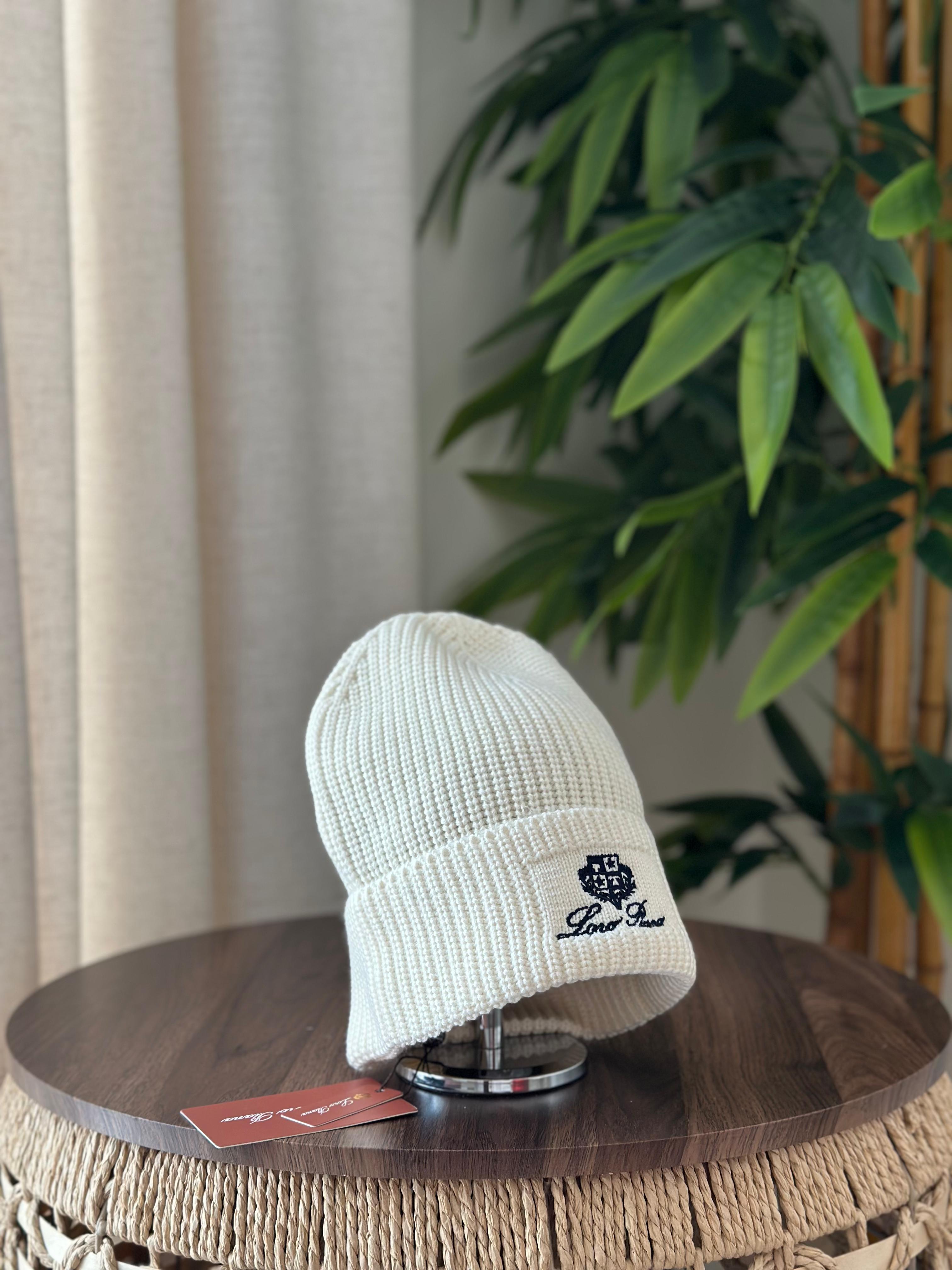 Loro Piana Rib-Knit Cashmere Beanie (Off-White/Black Embroidery)