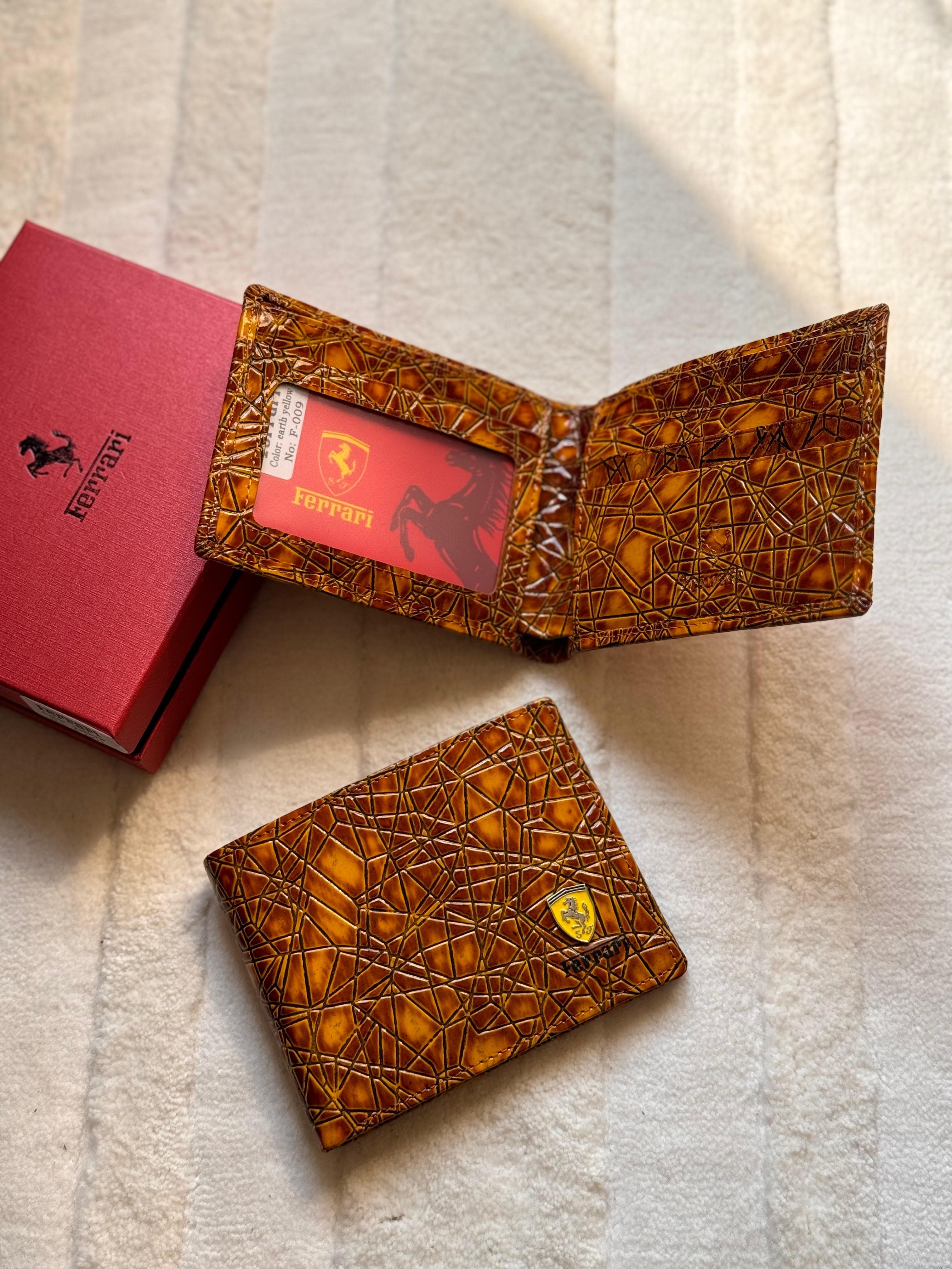 Ferrari Cracked Pattern Leather Bi-Fold Wallet (Tan / Light Brown)