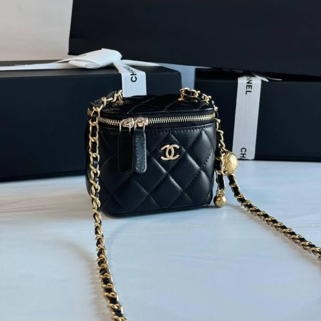 Chanel Small Vanity Case with Golden Ball Chain (Black)