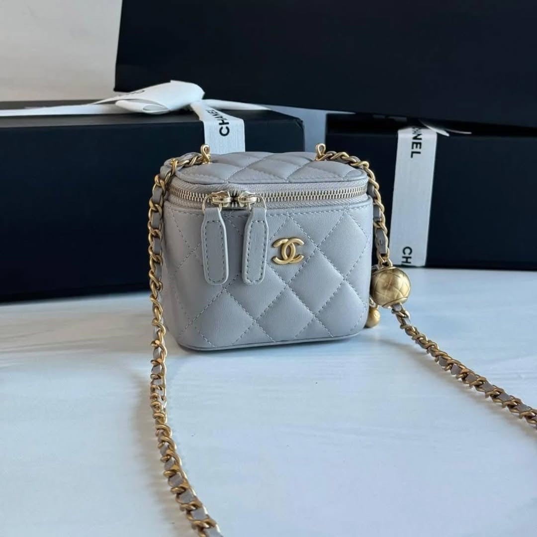 Chanel Small Vanity Case with Golden Ball Chain (Light Gray)