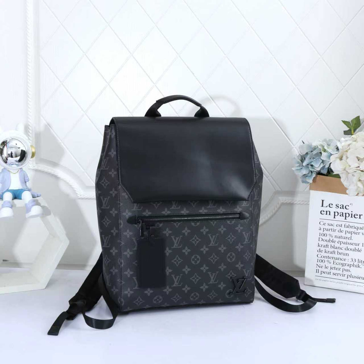 Louis Vuitton Takeoff Backpack / LV Aerogram Backpack (Monogram Eclipse Canvas / Black Leather)