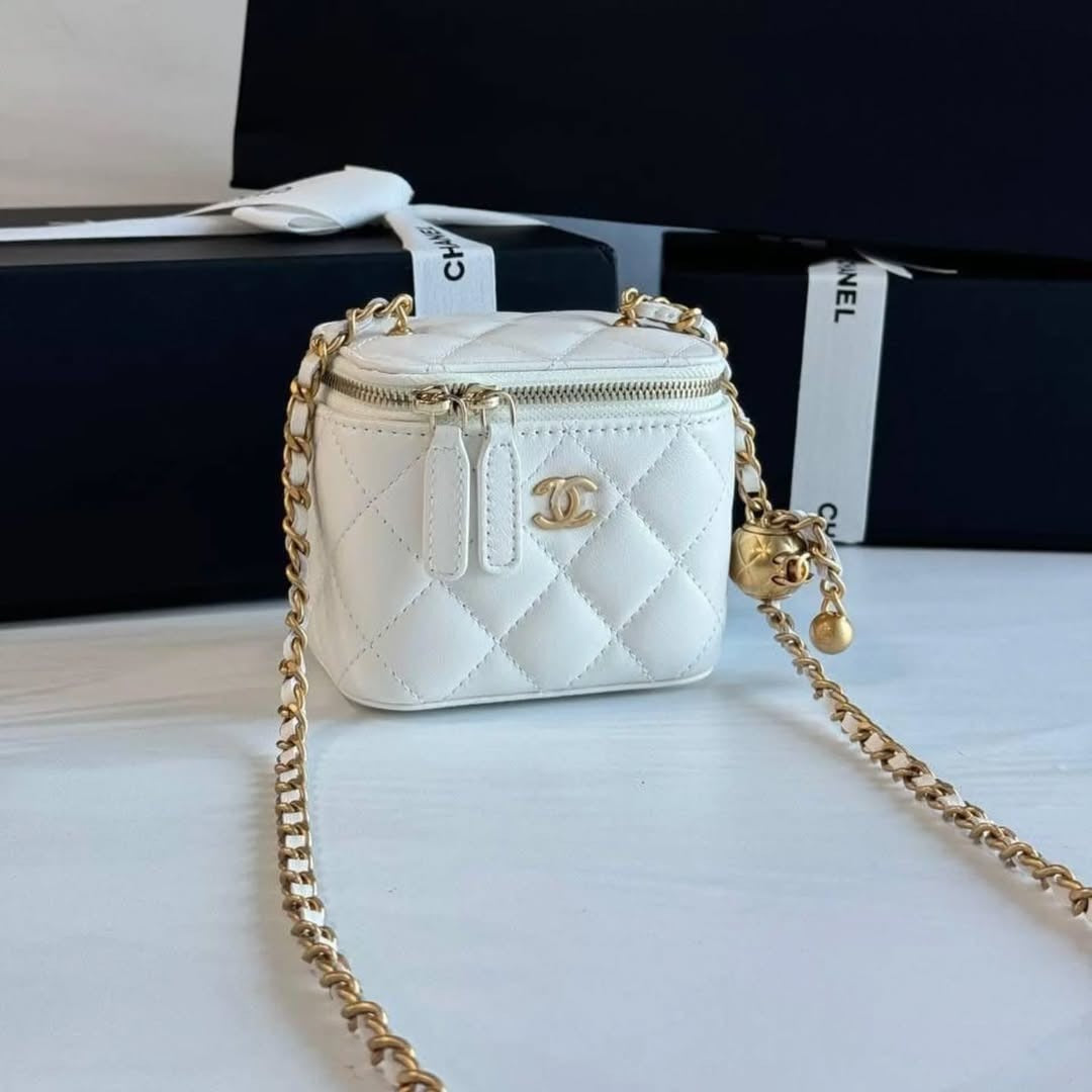 Chanel Small Vanity Case with Sweetheart/Golden Ball Chain (White)