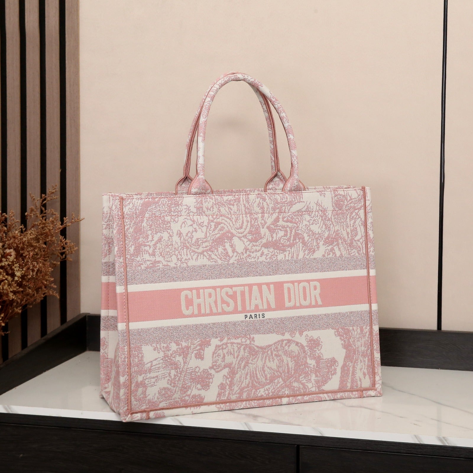 Dior Book Tote (Pink Toile de Jouy Embroidery)