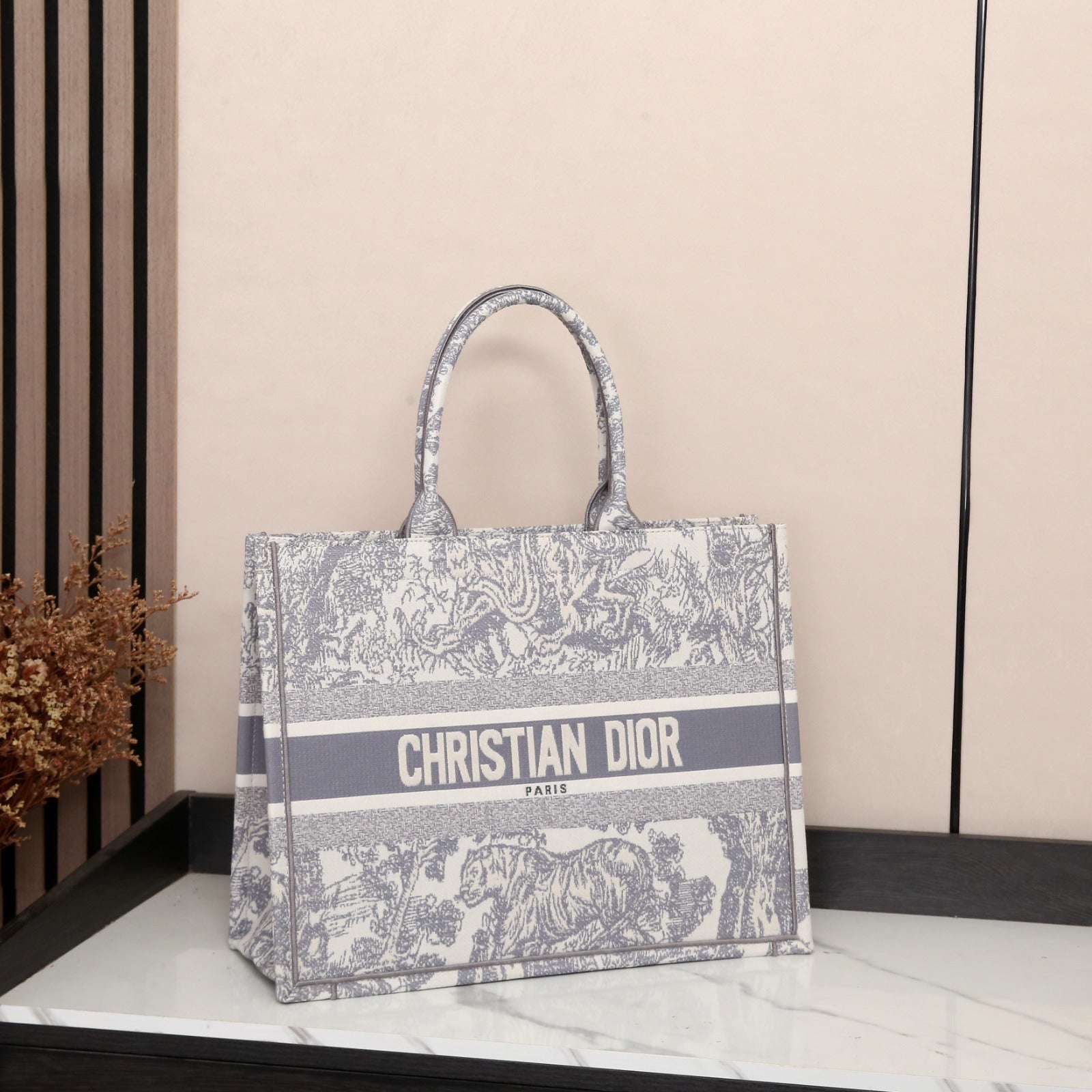 Dior Book Tote (Grey Toile de Jouy Embroidery)