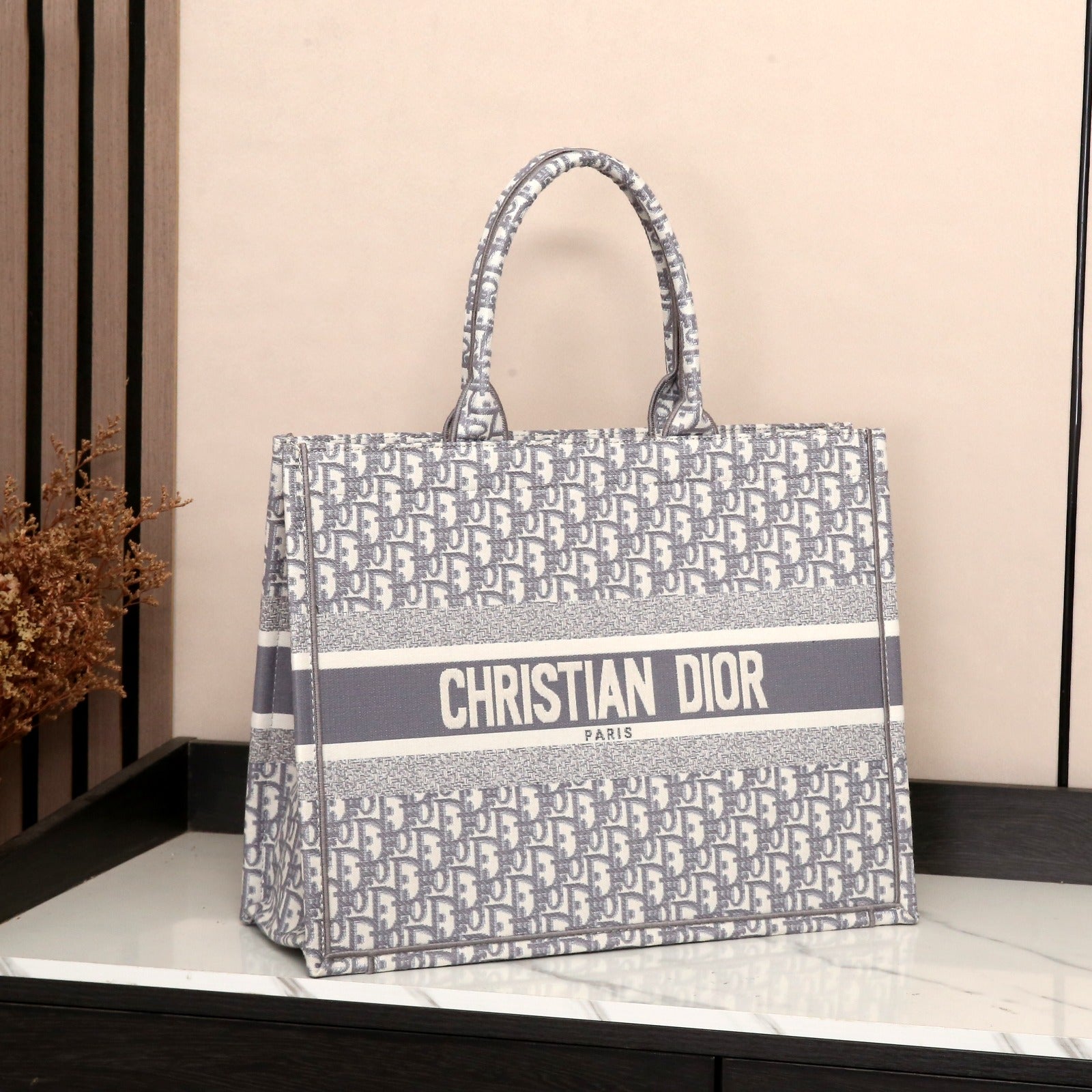 Dior Book Tote (Grey Oblique Embroidery)
