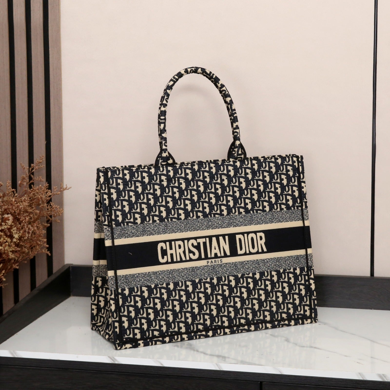 Dior Book Tote (Black Oblique Embroidery)