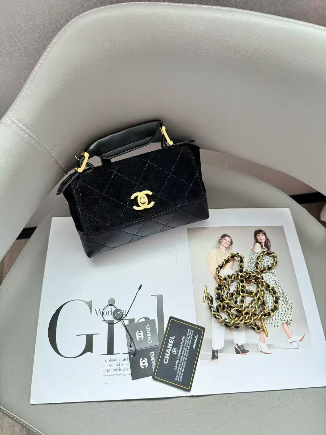 Chanel Trendy CC Suede and Leather Top Handle Bag (Black)