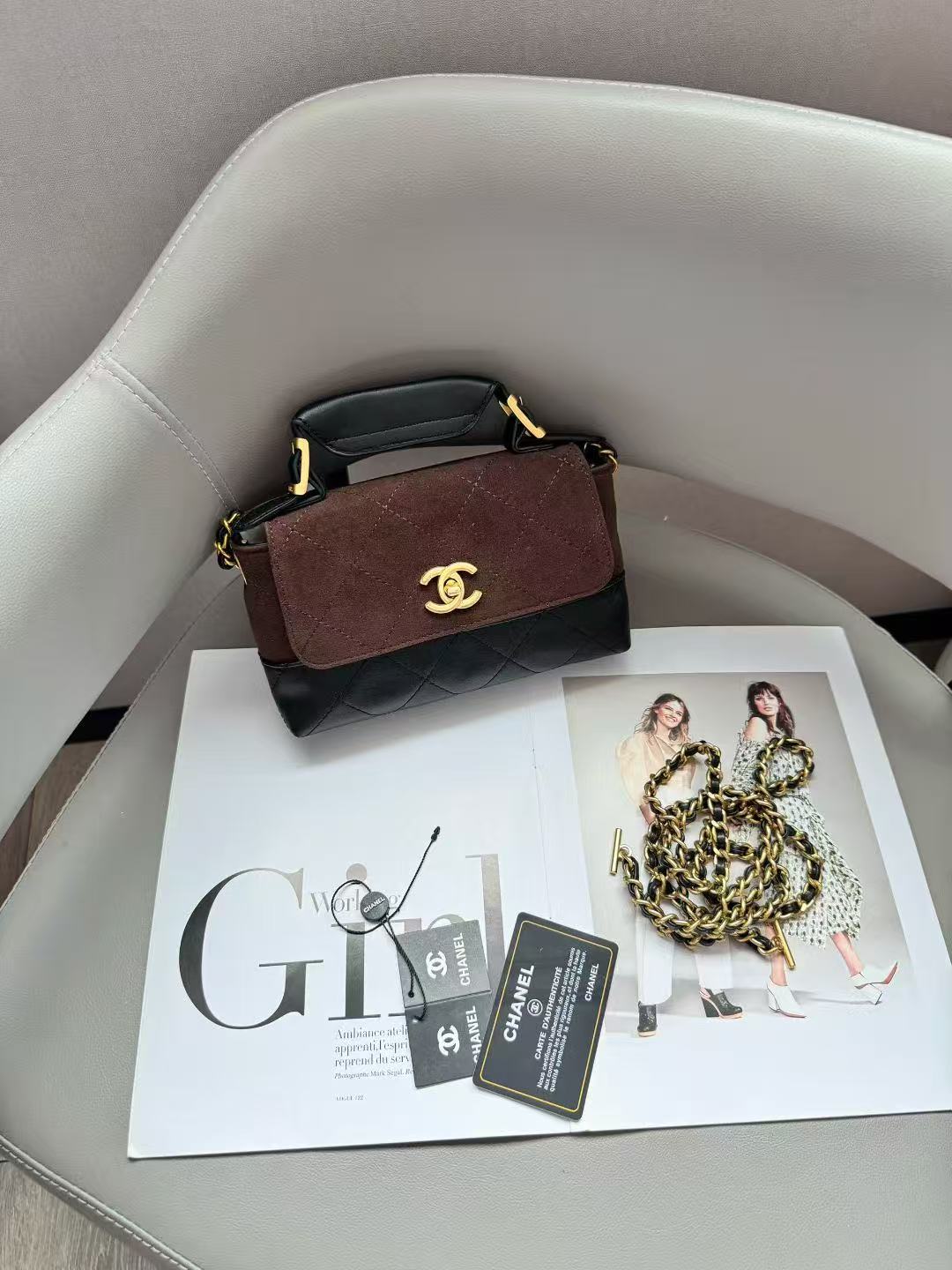 Chanel Trendy CC Suede and Leather Top Handle Bag (Burgundy Brown / Black)