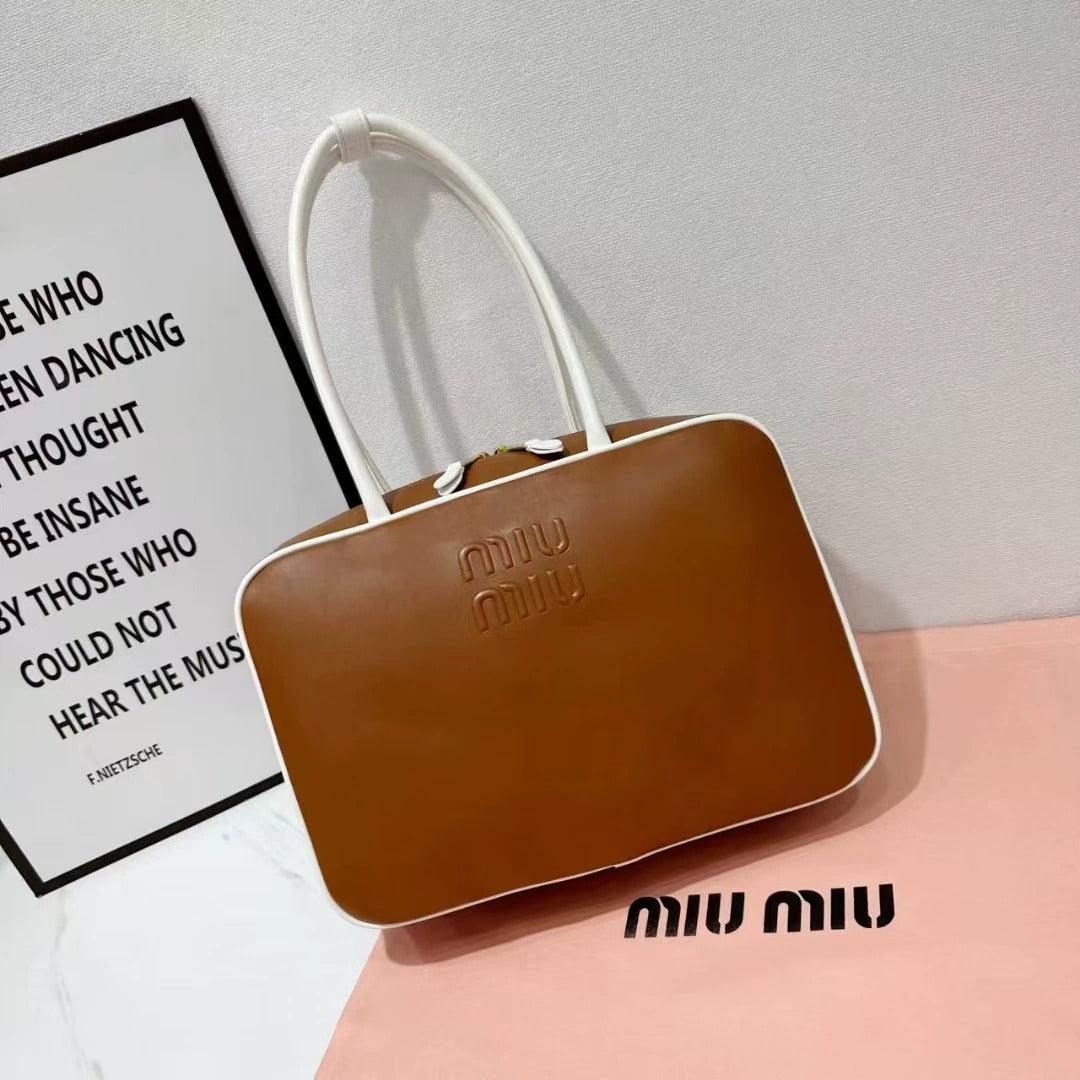 Miu Miu Aventure Leather Top-Handle Bag (Cognac Brown/White)