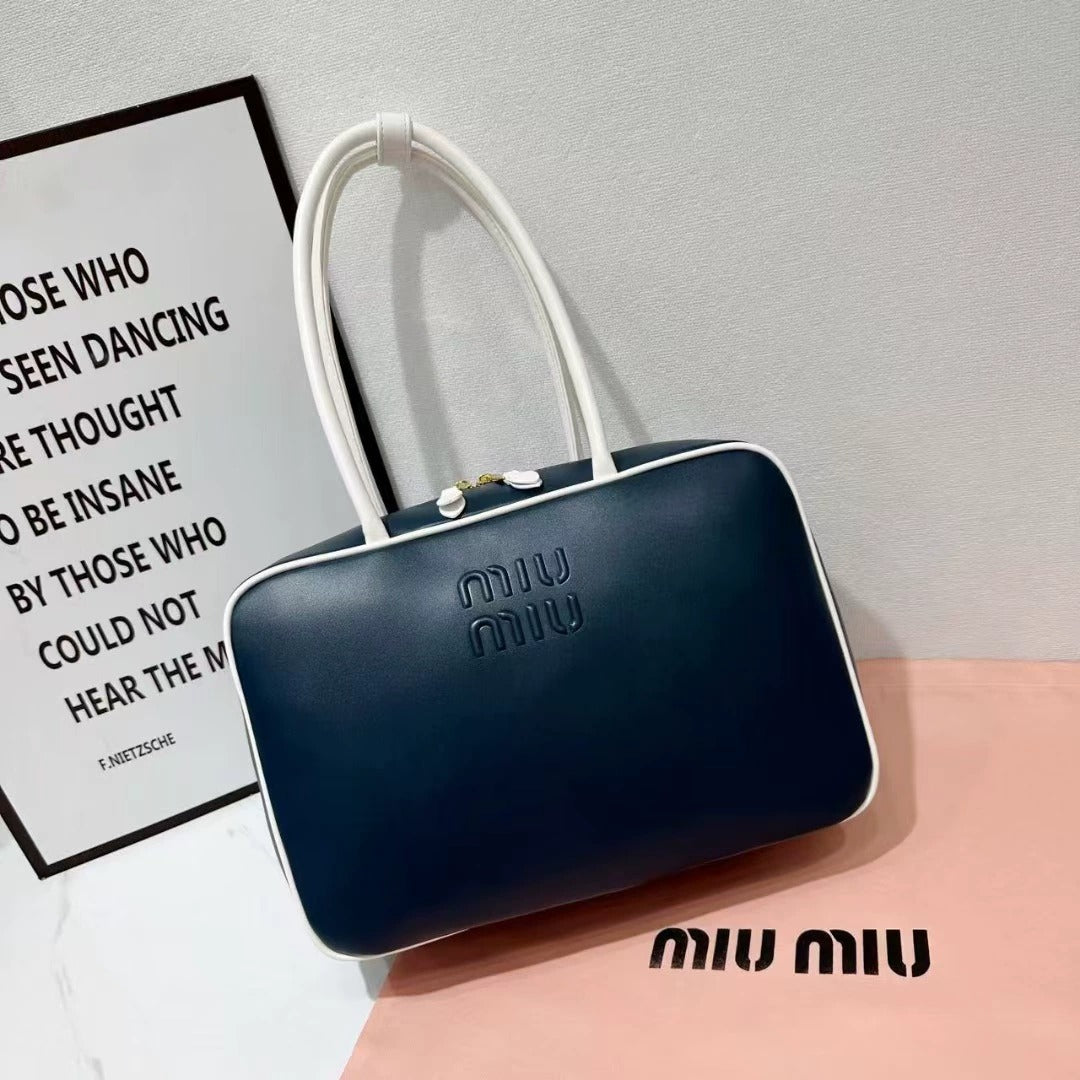 Miu Miu Aventure Leather Top-Handle Bag (Navy/White)